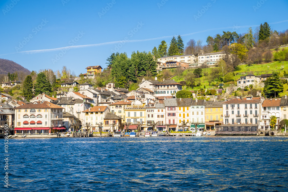 View of Piazza Motta in Orta San Giulio from a Taxi boat, Lake Orta, Piedmont, Italy