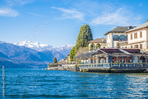 View of Piazza Motta in Orta San Giulio from a Taxi boat, Lake Orta, Piedmont, Italy