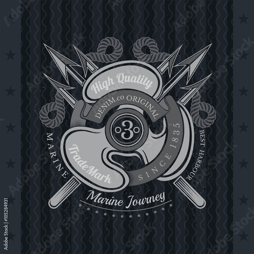 ship's propeller With Cross Trident. Sea Vintage Label On Blackboard