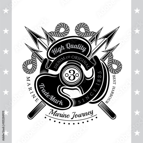 ship's propeller With Cross Trident. Sea Vintage Black Label Isolated On White