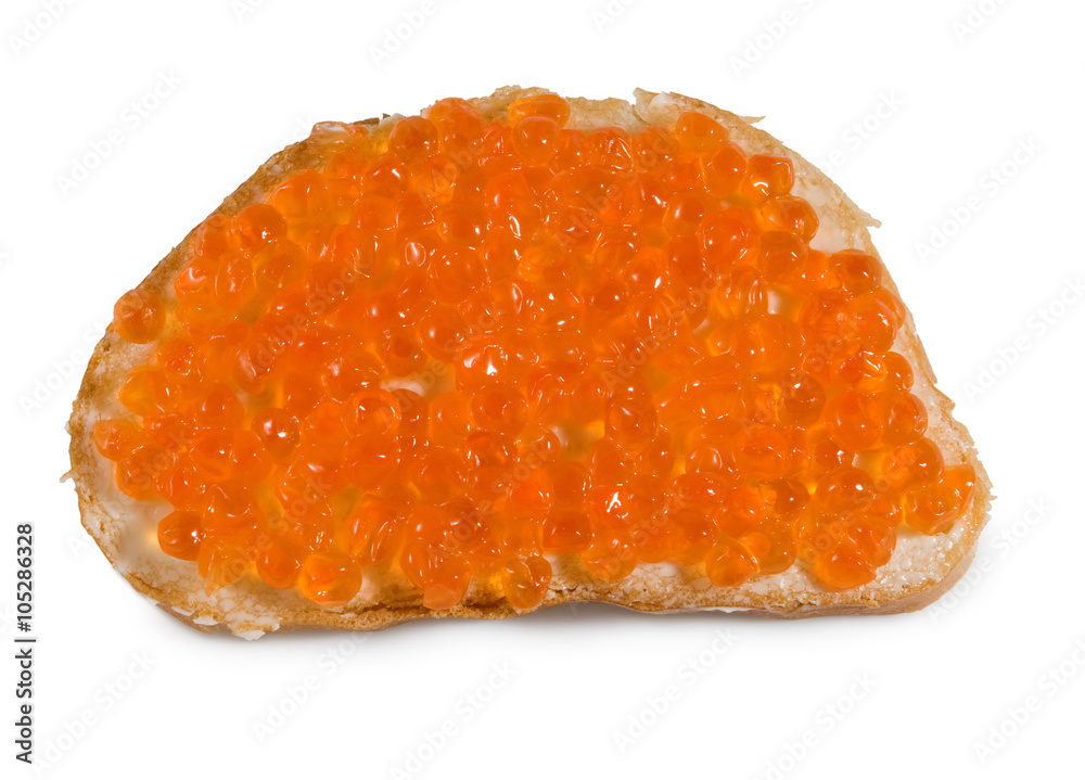 Isolated image of bread with red caviar close-up Isolated image of bread with red caviar close-up
