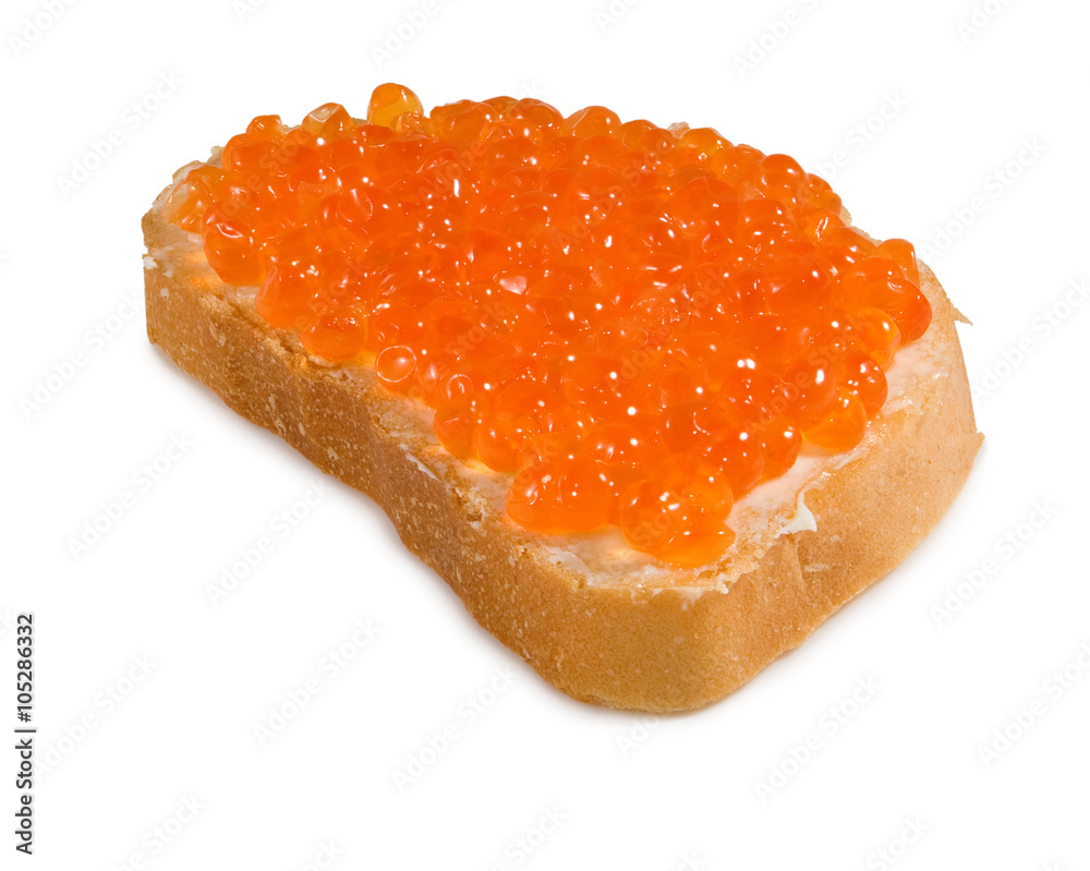 Isolated image of bread with red caviar close-up Isolated image of bread with red caviar close-up