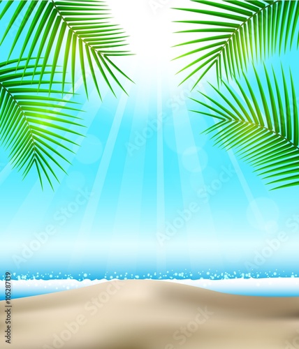 Beach and tropical sea with bright sun