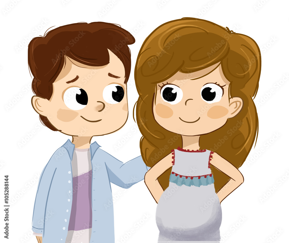 Mujer embarazada junto a su pareja, novio o esposo. Felices esperando un bebe. ilustración de Stock | Adobe Stock Mujer embarazada junto a su pareja, novio o esposo. Felices esperando un bebe. ilustración de Stock | Adobe Stock