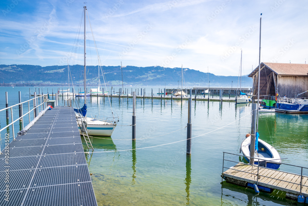 lake constance Bodensee and alps with blue sky and clouds in Bavaria, Germany