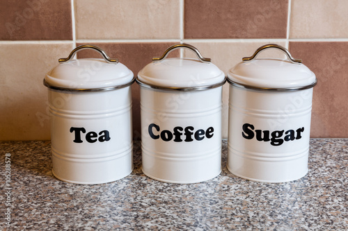 White tea, coffe and sugar containers
