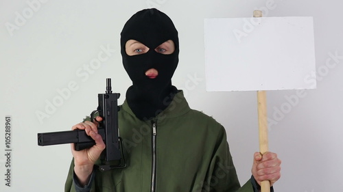 Woman terrorist with gun and sign on white background