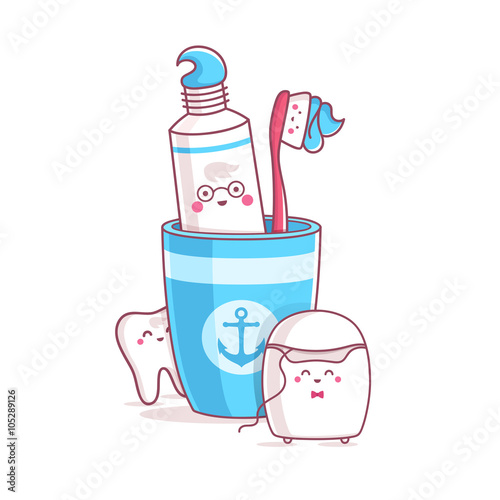 Tooth, toothpaste, dental floss, toothbrush