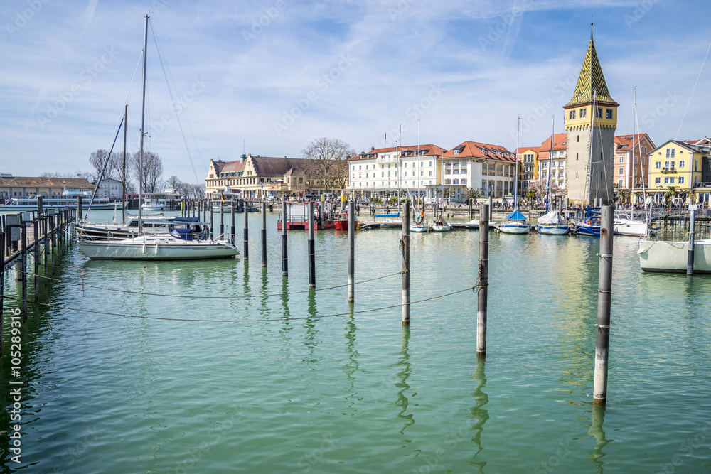 Boats at port of Lindau harbour, Lake Constance, Bavaria,Germany