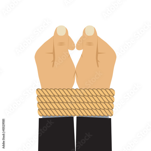 Hands tied by a rope.
