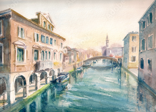 Obraz na płótnie Kanał na starym mieście Chioggia - Italy.Picture stworzony z akwarelami