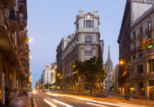Canvas Print View of Barcelona in twilight time. Spain.  Via Laietana