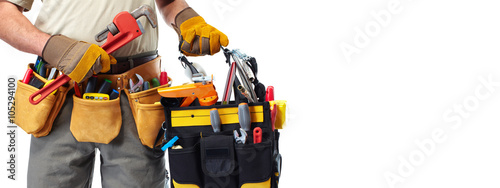 Builder handyman with construction tools.