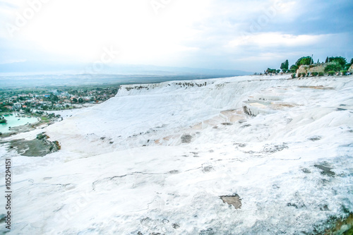 Panoramic view of white travertine pools and terraces
