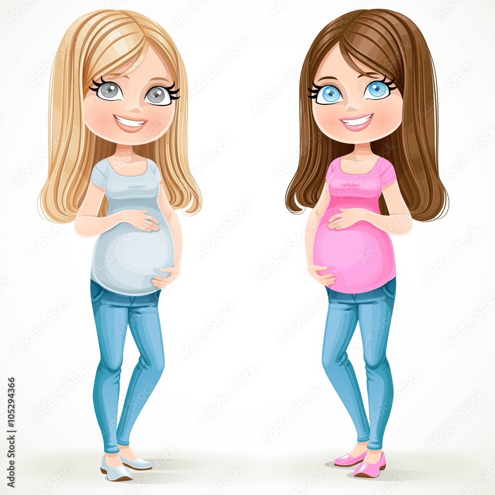 Lovely pregnant women blonde and brunette in t-shirt and pants i Lovely pregnant women blonde and brunette in t-shirt and pants i