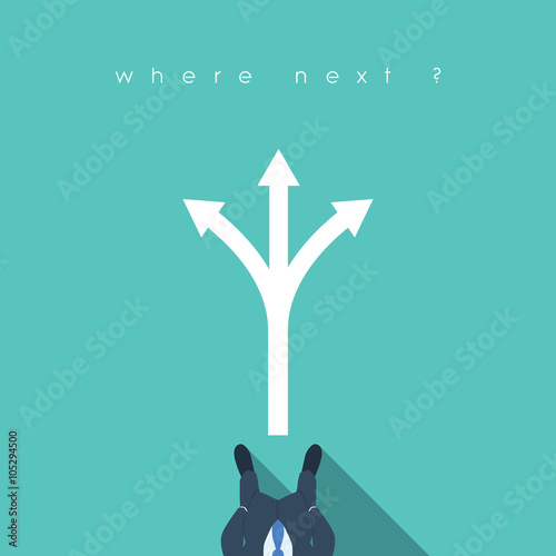 Business decision concept illustration with businessman standing in front of arrows. Career path choice or strategy.