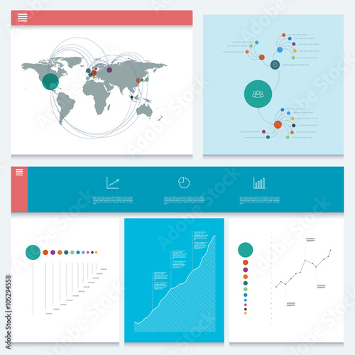 Infographics template with business charts and graphs elements. Marketing data presentation. Material design style.