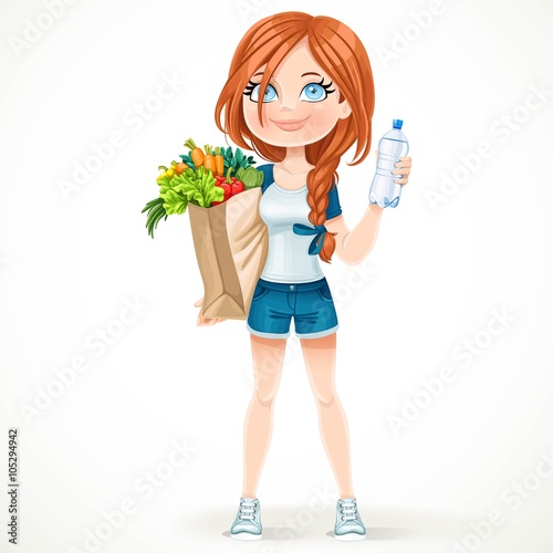 Beautiful girl in a sports suit holds a paper bag of healthy foo