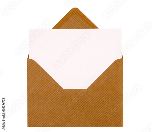 Invitation invite greetings letter message or thank you note card with brown envelope isolated on white background photo