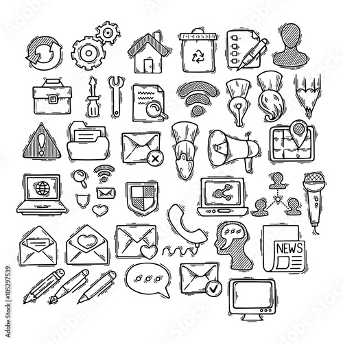 Set of doodle web, computer and drawing icons.