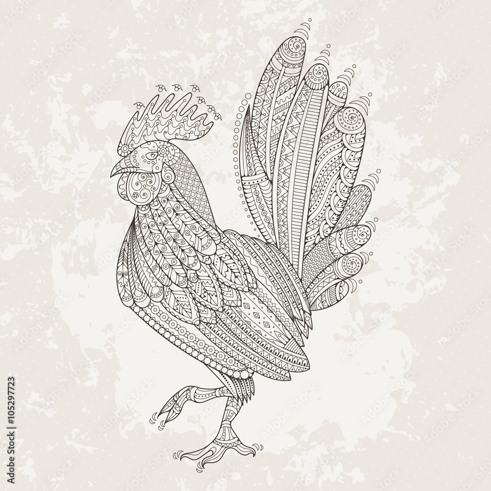 Obraz premium Rooster domestic farmer bird for Coloring pages, zentangle illustration or tattoos with high details.