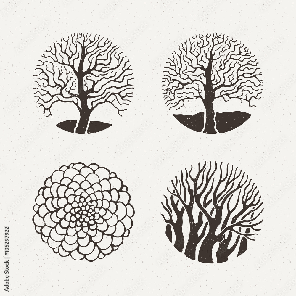Circle trees set. Vector illustration. Pattern geometric figure.