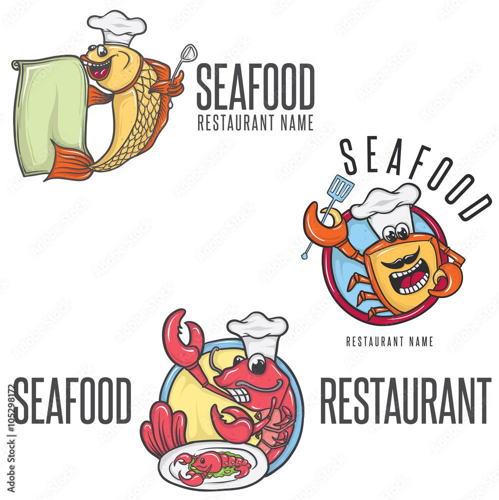 Fototapeta premium Seafood Cartoon Mascot Chef In Toque 