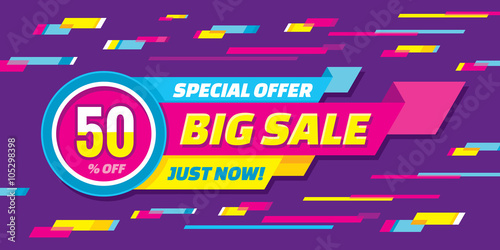 Big sale abstract vector origami horizontal banner - special offer 50% off. Sale vector banner. Sale abstract background. Super big sale design layout. Origami sale banner. Sale banner template.