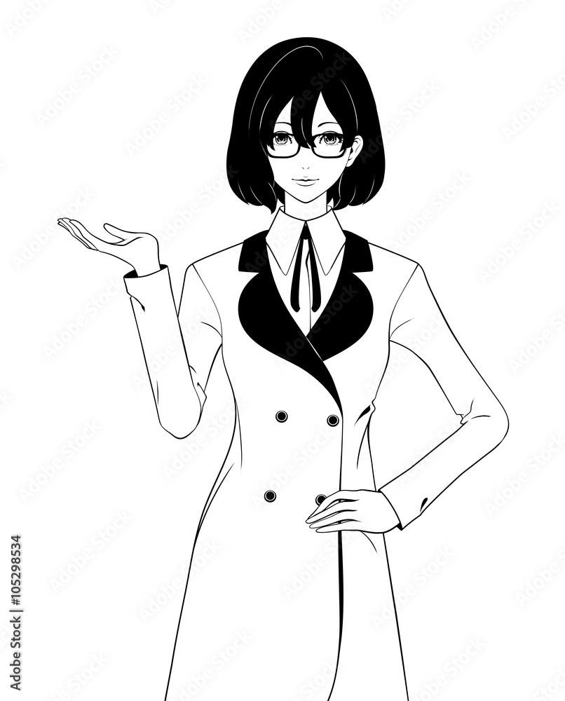 紹介する女性 / コートと眼鏡