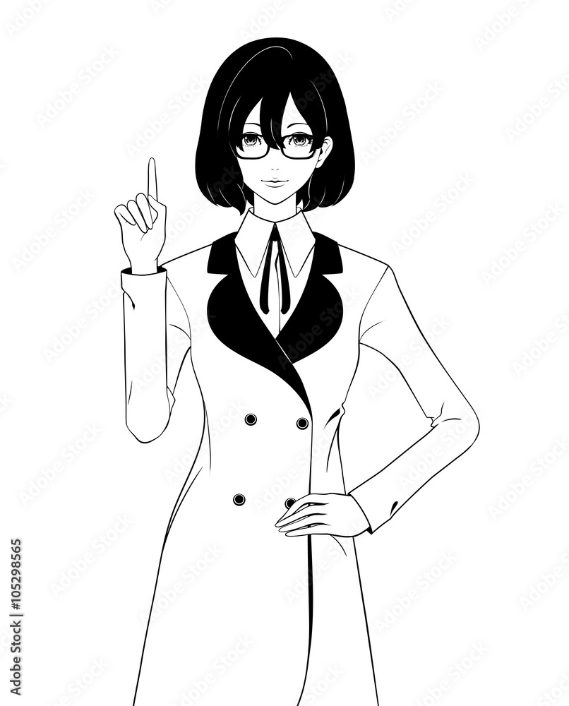 指を立てる女性 / コートと眼鏡