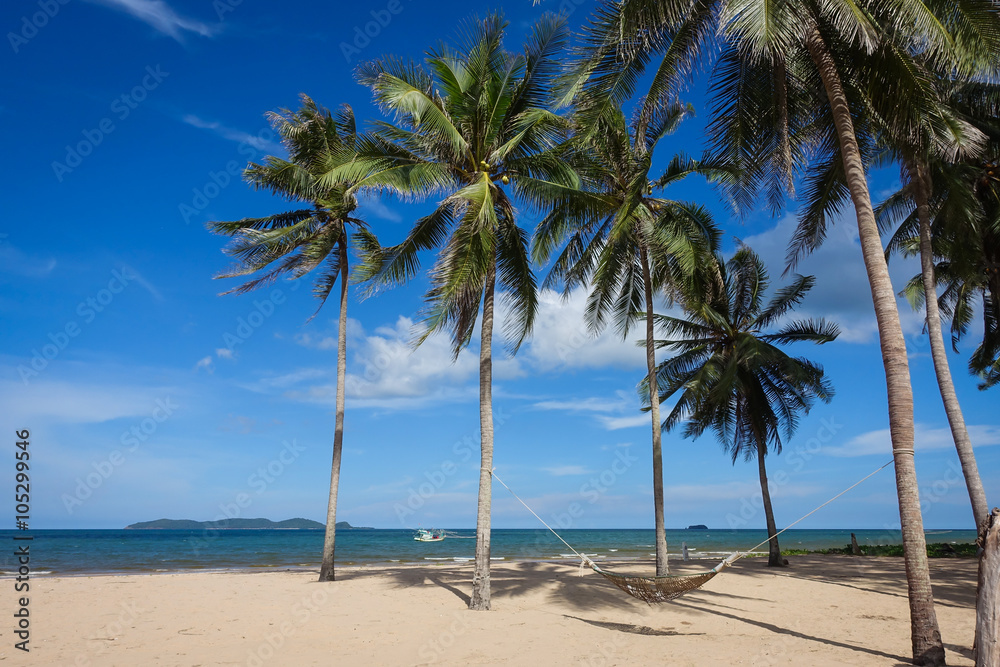 Coconut trees on blue-sky background at the beach Coconut trees on blue-sky background at the beach