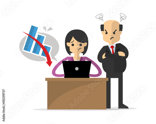 Businesswoman or employee get unsuccessful work, watched by her boss