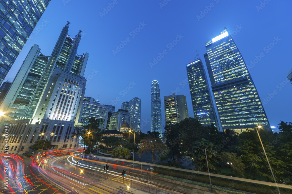 Night traffic and skyline of Hong Kong city