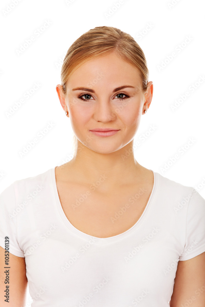 Young smiling blonde woman in white t-shirt Young smiling blonde woman in white t-shirt