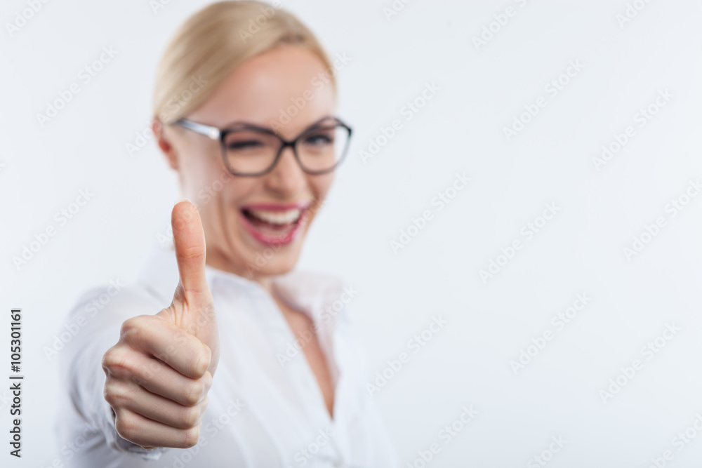 Attractive smart girl is expressing positive emotions Attractive smart girl is expressing positive emotions