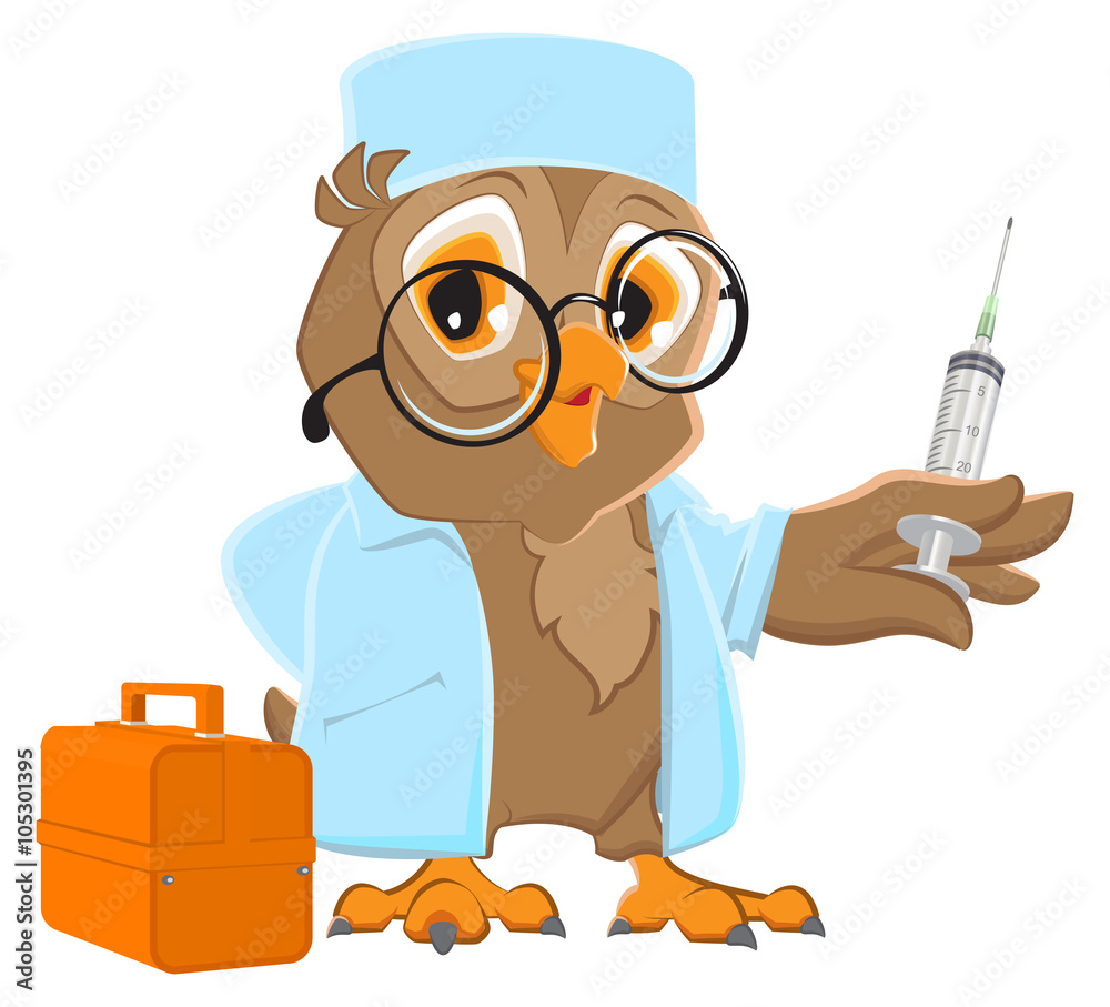 Naklejka premium Owl doctor holding syringe. Owl veterinarian in white coat