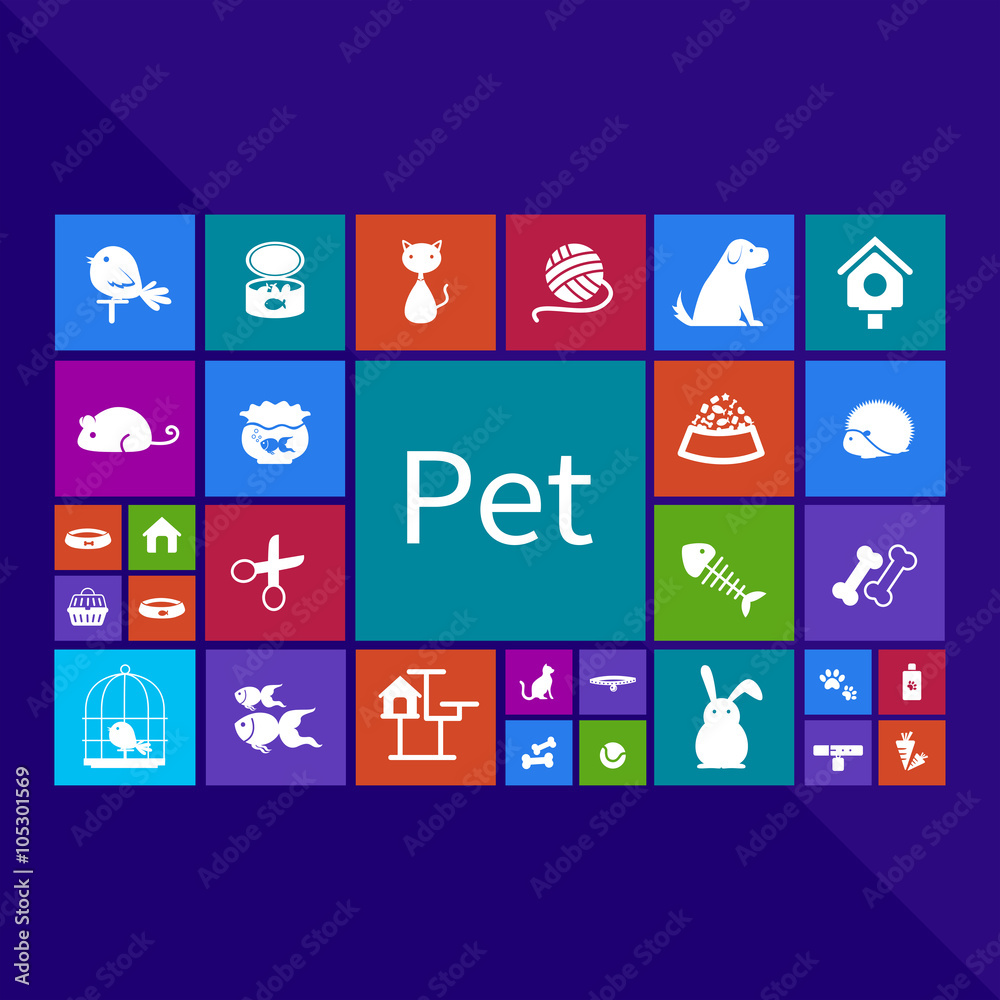 Fototapeta premium Trendy computer or mobile application app program of flat pet animal and accessories object icon menu in colorful geometric square block window background with text, create by vector