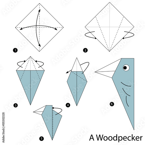 step by step instructions how to make origami a Woodpecker.