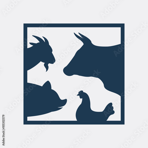 Vector group of farm animal in the frame - cow, pig, chicken, go