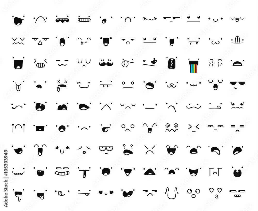 Fototapeta premium Zestaw 99 różnych elementów doddle emocji do tworzenia postaci. Emocje do projektowania. Anime. Gniew i radość. Zaskoczony i zraniony. Obojętność i szok. Śmiech i łzy. Emocje ręcznie robione