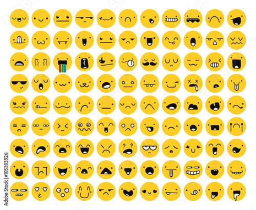 Great set 99 yellow emotion isolated on white. Emoji set. Anger and compassion. Laughter and tears. Smile and sadness. Sadness and surprise. Happiness and fear. Emotions for Web development.
