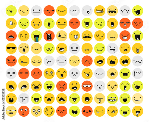 Great set 99 color emotion isolated on white. Emoji set. Anger and compassion. Laughter and tears. Smile and sadness. Sadness and surprise. Happiness and fear. Emotions for Web development.