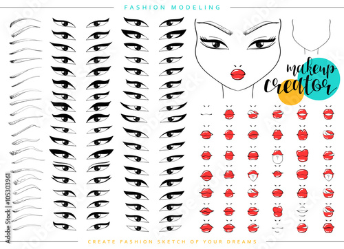 Makeup creator. Set for fashion modeling female faces. Face chart. Template generation of female faces. Template for creating make-up. To create a set of characters. Create a beautiful woman's face.