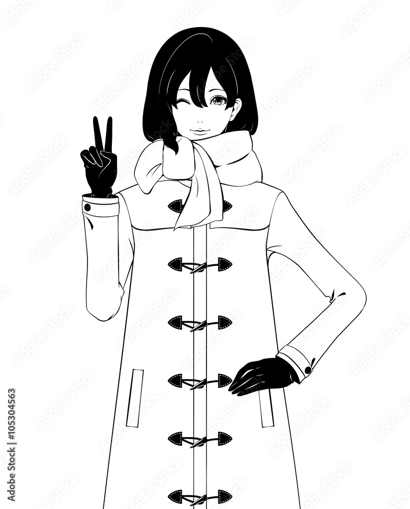 ピースをする女性 ダッフルコート ウインク Stock イラスト Adobe Stock