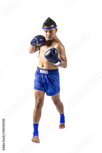 a thai boxer with thai boxing action, isolated on white background © kromkrathog