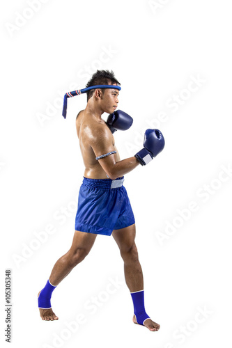a thai boxer with thai boxing action, isolated on white background