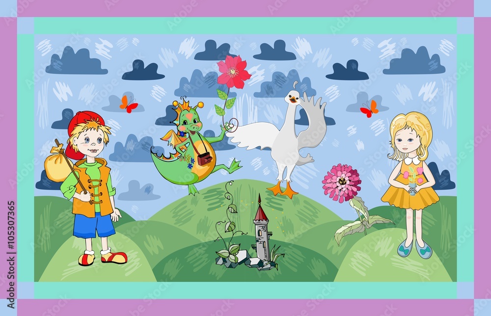 Fototapeta premium Childish card with fairyland. Cute vector illustration.