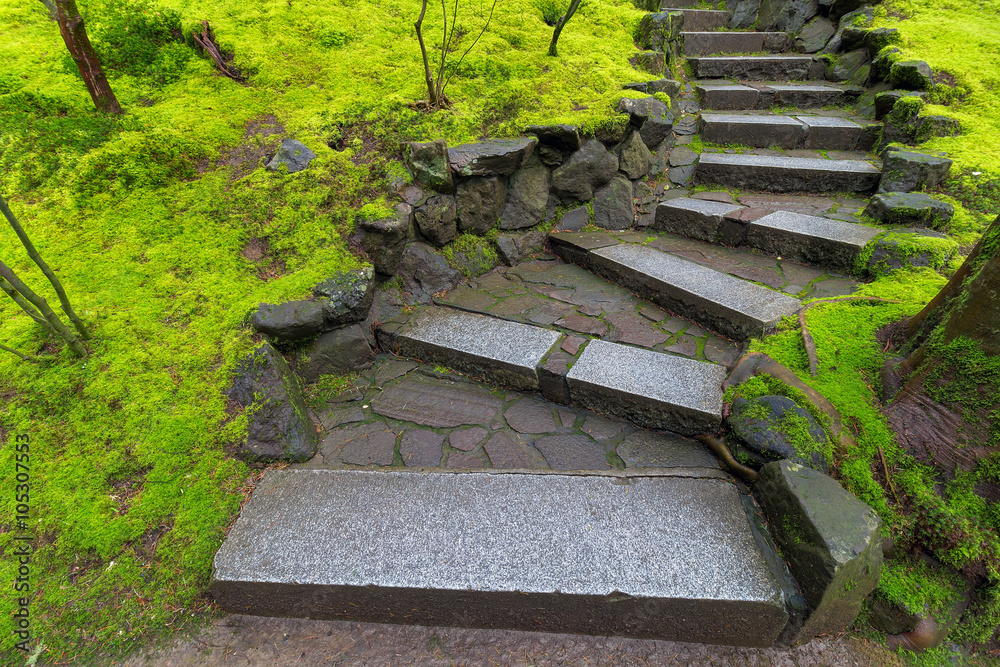 Granite Stone Steps along Green Moss Granite Stone Steps along Green Moss