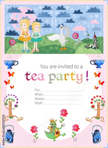 Childish tea party invitation. Fairy illustration. Cute vector t
