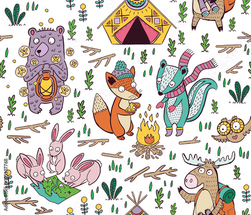 Hand drawn camping seamless pattern with cartoon characters